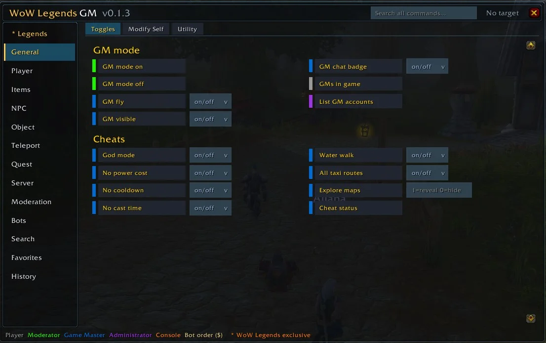 The GM addon General tab — GM toggles and cheats with one-click on/off dropdowns