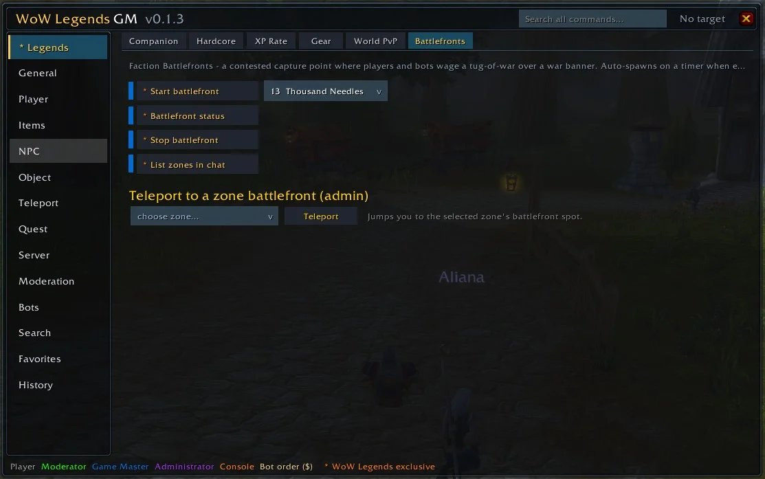 The GM addon Legends tab — Companion, Hardcore, XP rate, Gear, World PvP and Faction Battlefronts