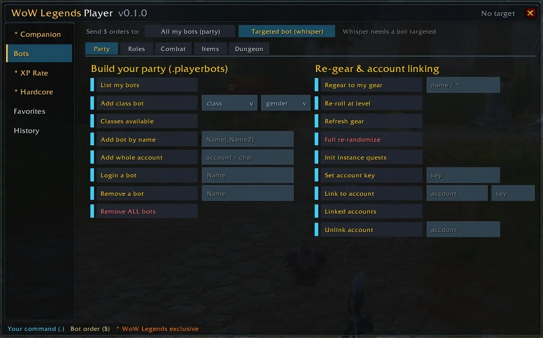 The Player addon Bots tab — build and command your bot party across Party, Roles, Combat, Items and Dungeon