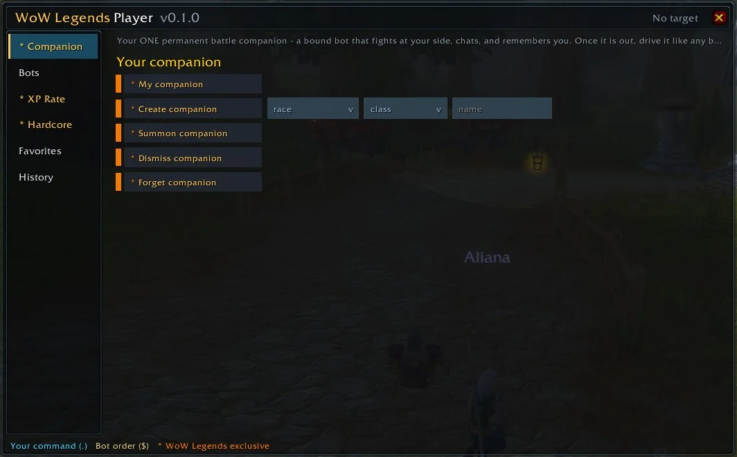 The Player addon Companion tab — create your permanent battle companion with race and class dropdowns