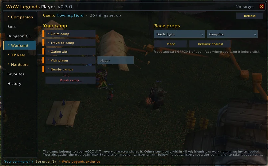 The Player addon Warband Camp tab — claim, place props and manage your camp with buttons
