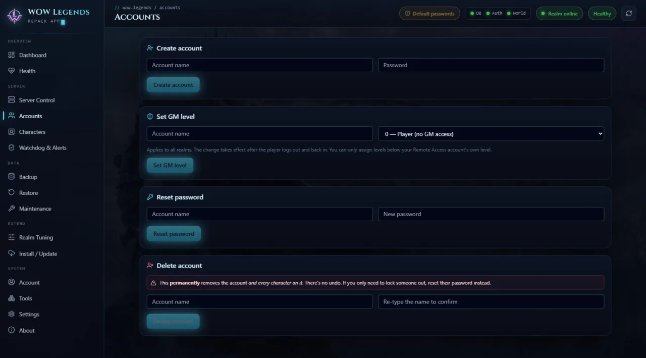 The in-App account manager creating a game account