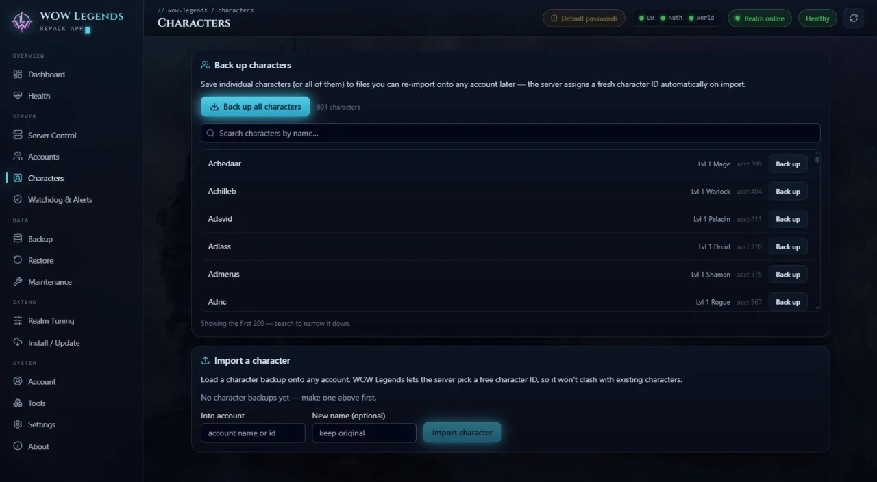The character backup screen listing characters each with a back-up button