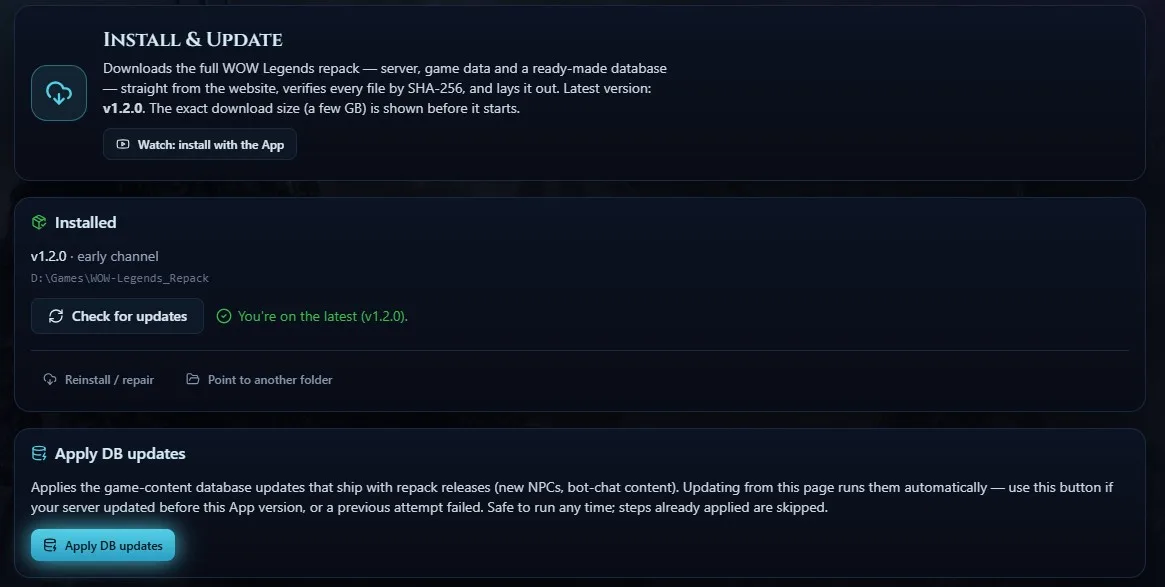 The Apply DB updates button applying game-content database changes