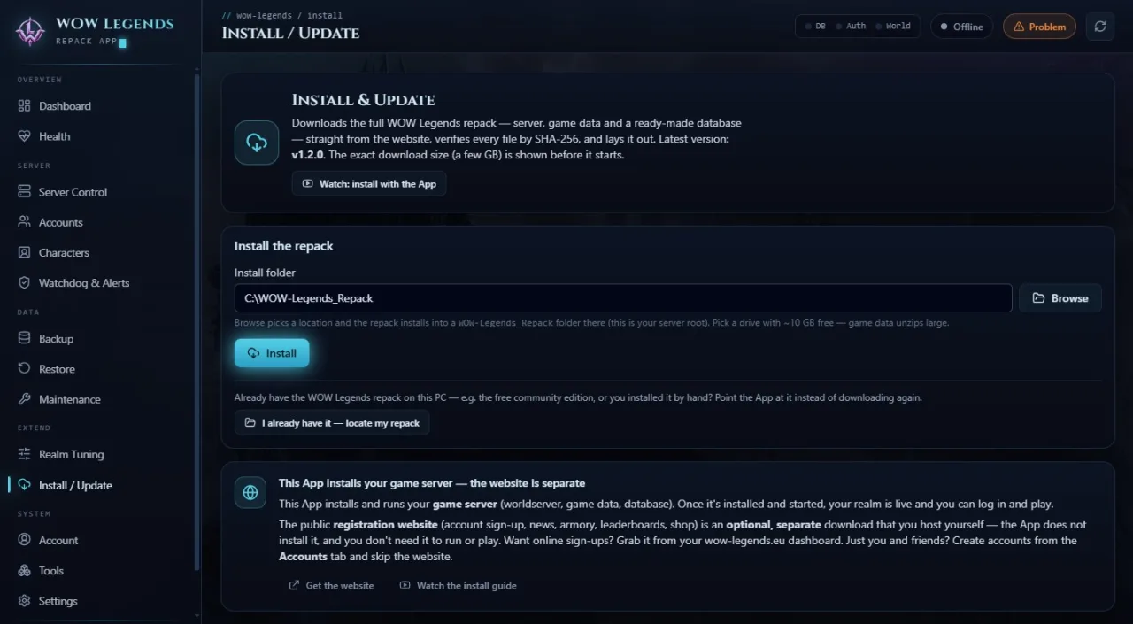 The WOW Legends App installing the server from a single screen