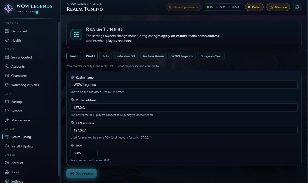 The App's Realm Tuning, Realm tab: Realm name, Public address, LAN address and Port fields with the Save realm button