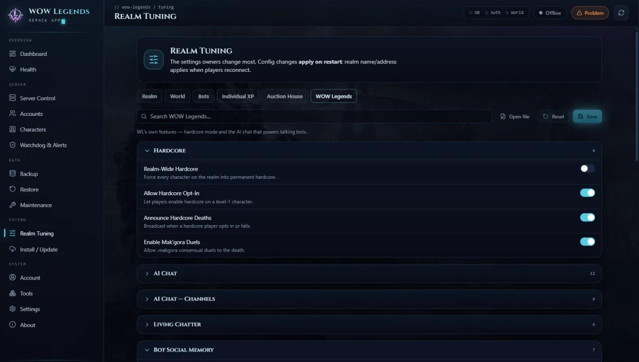The Realm Tuning panel with sliders for rates and bot counts