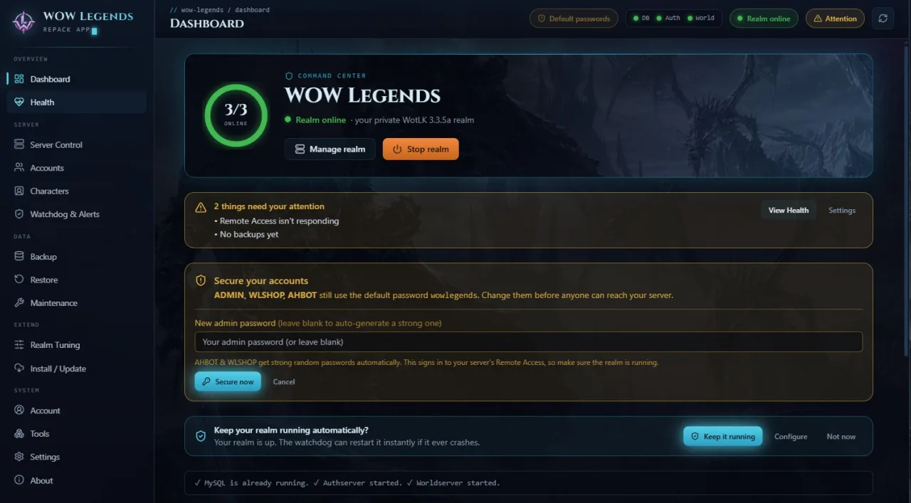 The App warning to change the default GM account passwords