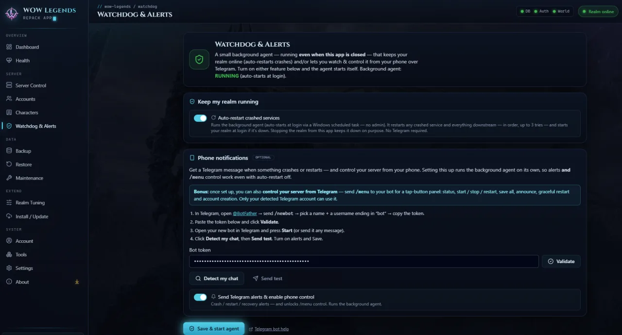 The Watchdog and Alerts settings page with auto-restart and Telegram control