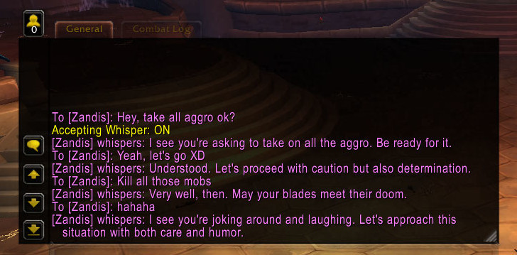 An AI companion bot replying in character in chat