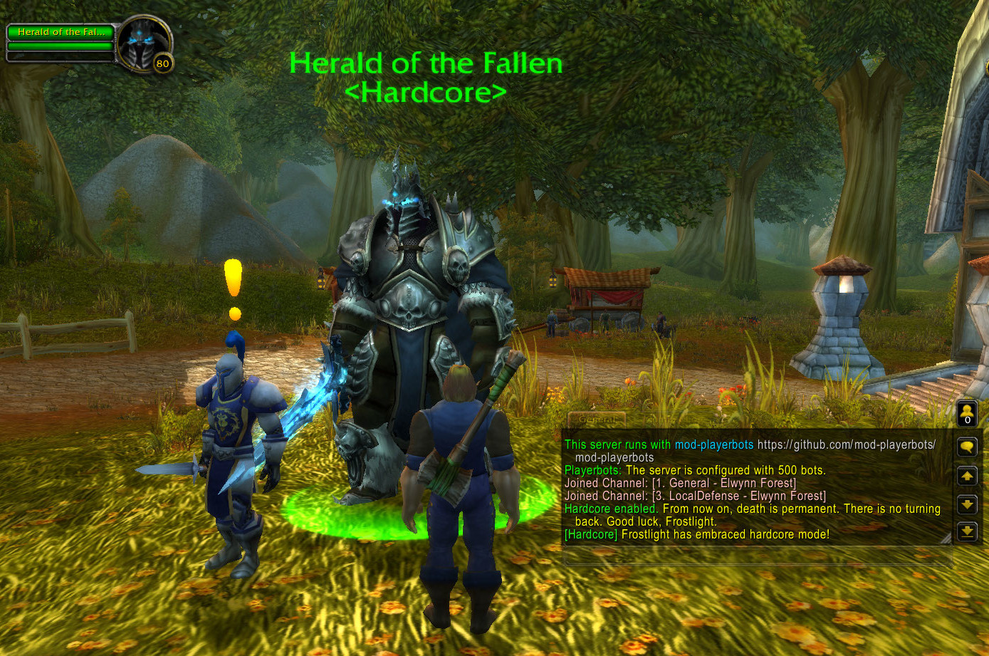 The Herald of the Fallen NPC in a starting zone; the chat confirms a player has embraced hardcore mode