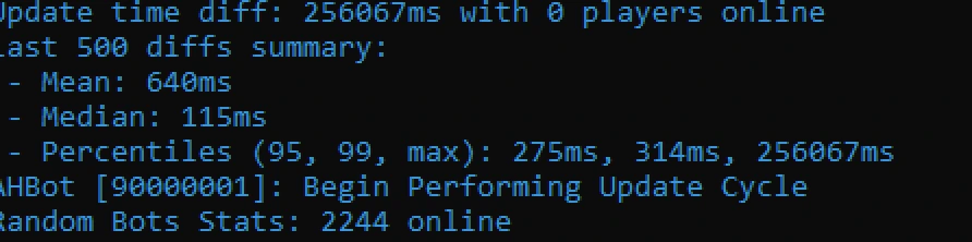 A one-off 256-second stall at the same bot count — the median stayed at 115 ms, so a single outlier wrecked the mean (read the median, not the max)
