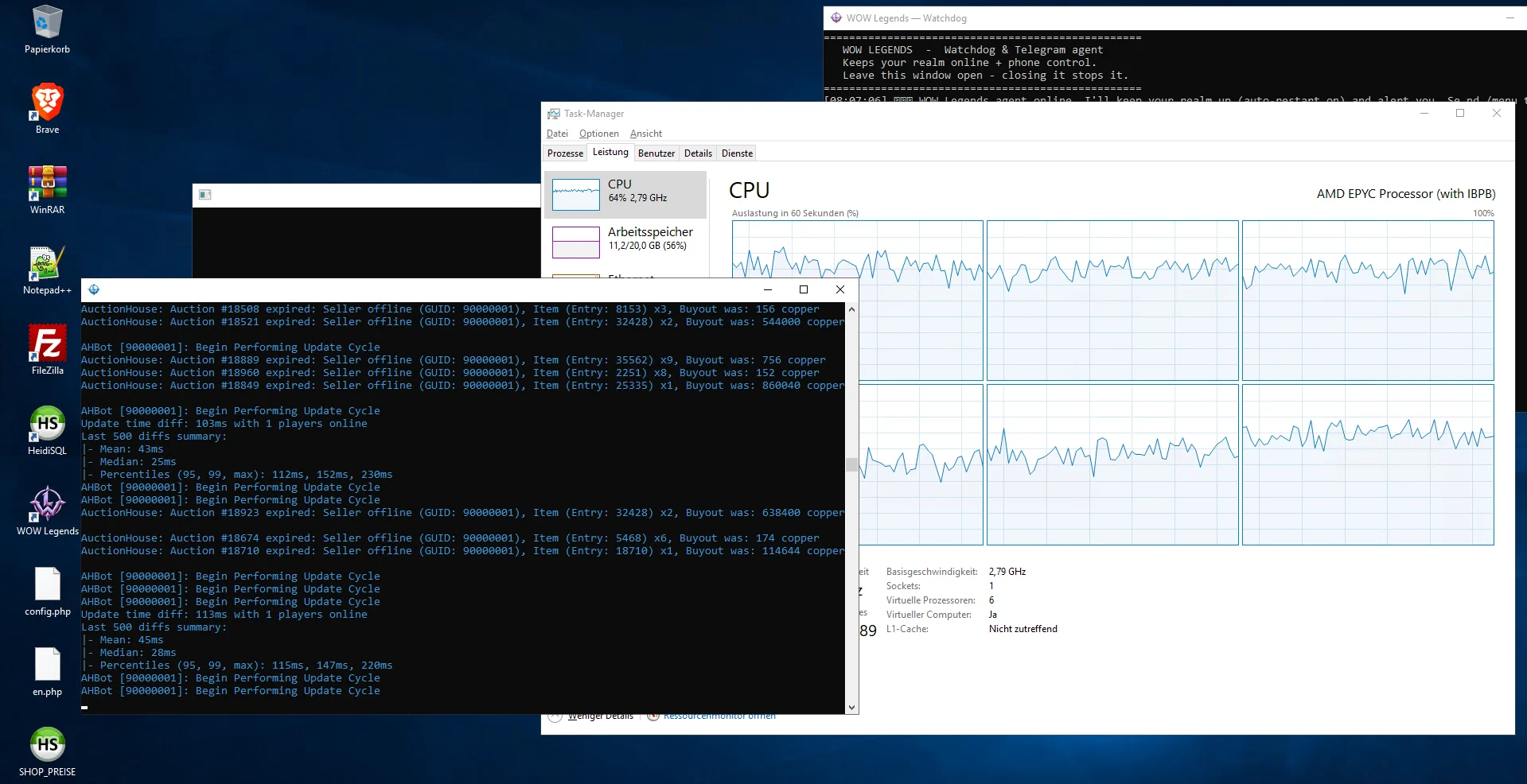 Worldserver console (median 25–28 ms, p95 112–115 ms with a player online) beside Task Manager: 6-vCPU EPYC at ~64%