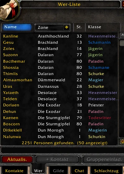 The in-game Who list: 2,251 found — 2,250 bots plus their owner (on the German client)