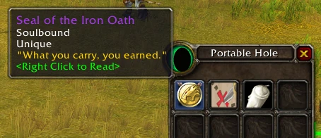 The Seal of the Iron Oath trophy in a player's bags — soulbound, unique, right-click to read