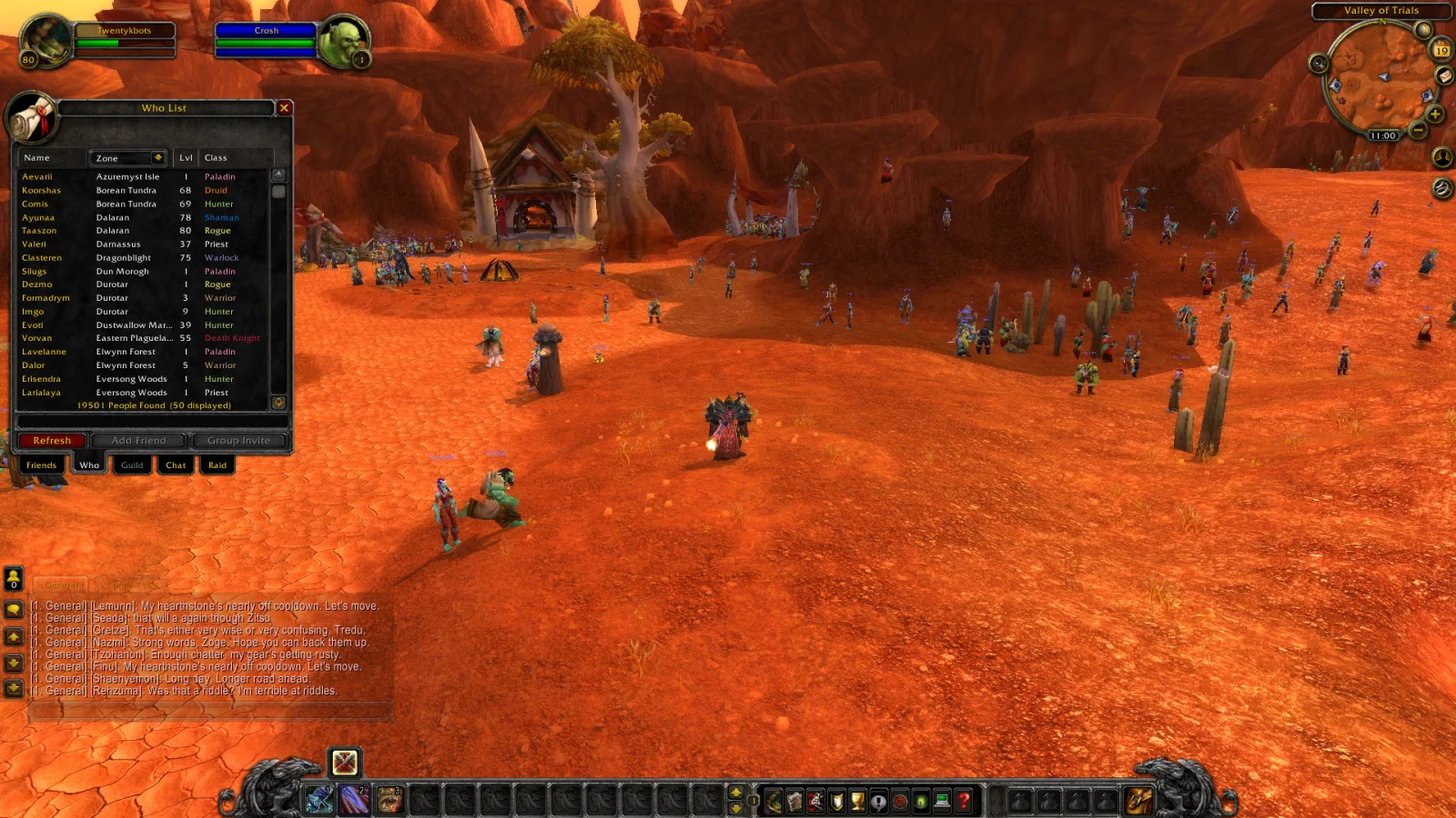 The Valley of Trials filled with bots, General chat full of bot conversation, and the in-game Who list showing 19,501 people found