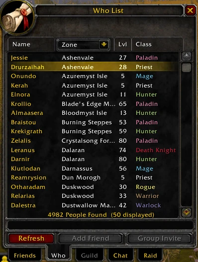 In-game Who list showing 4,982 people found on the realm