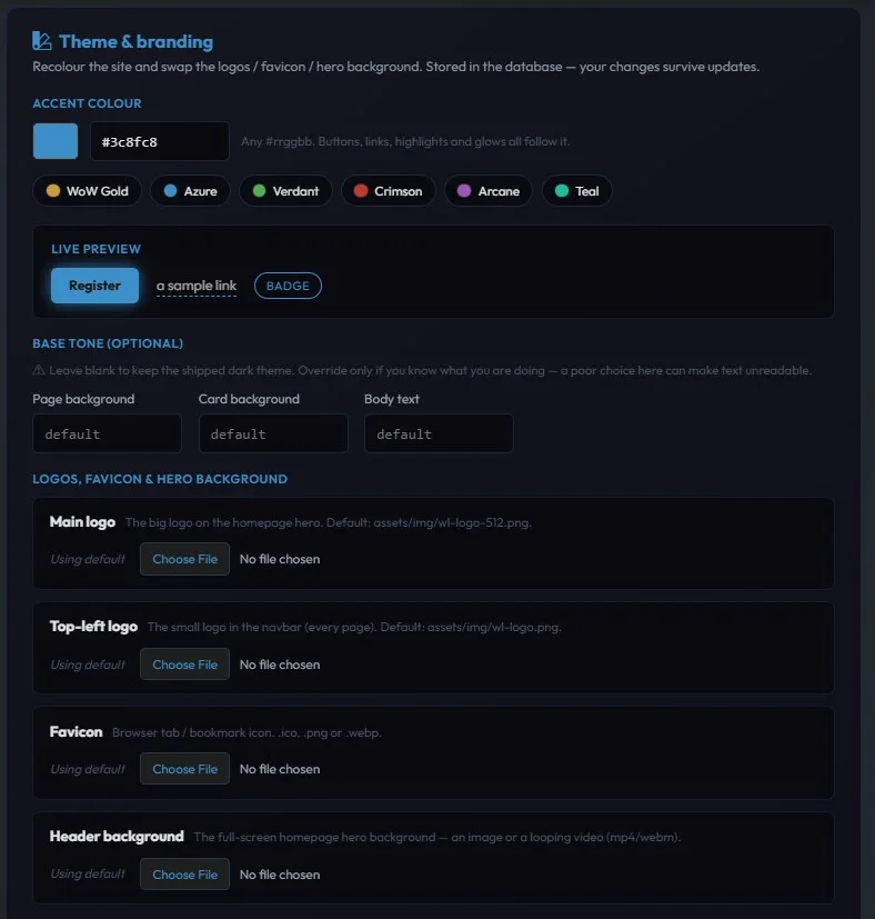 The theme and branding customization page with colour picker and logo uploads