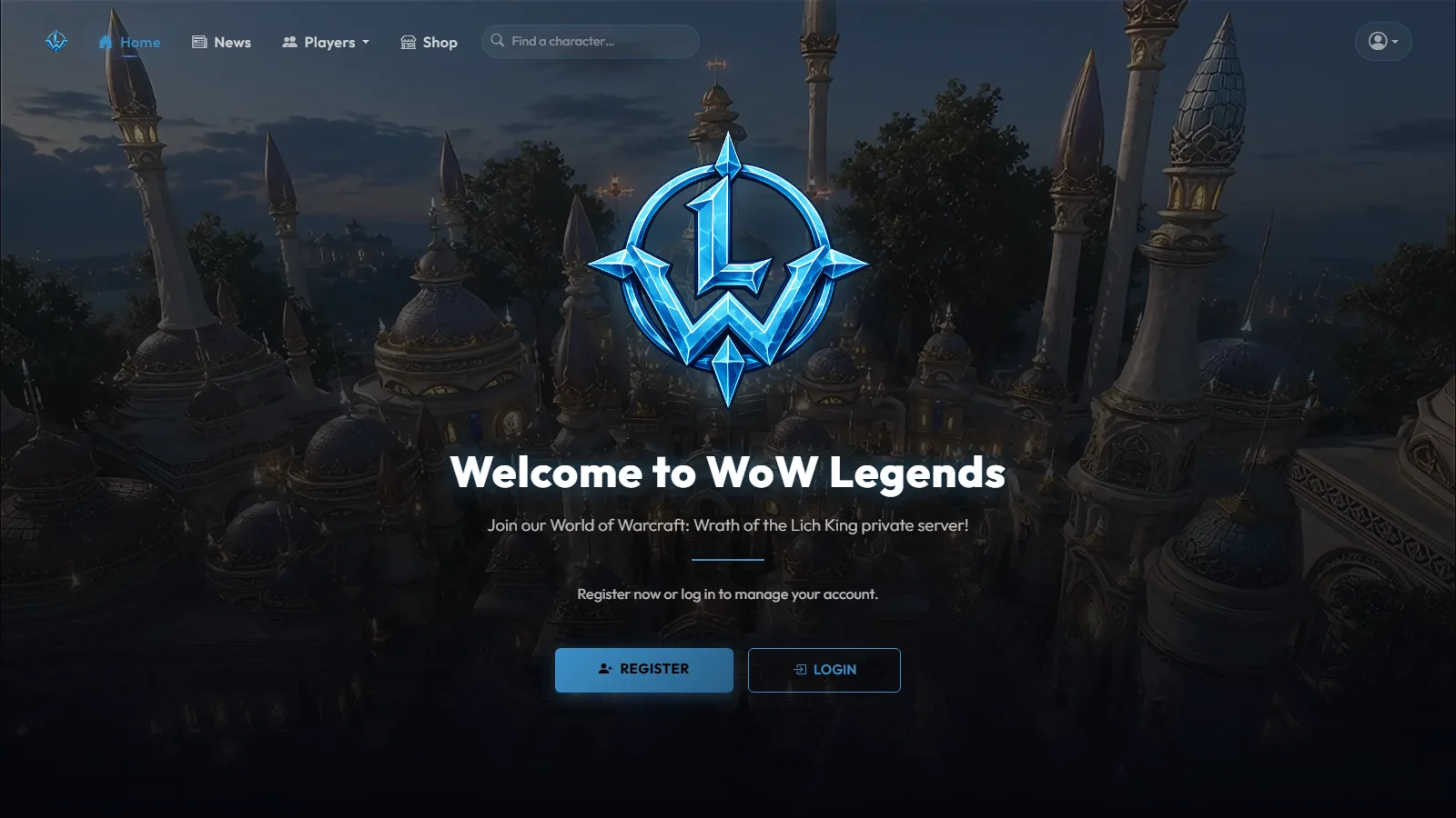 The registration website's landing page with register and login