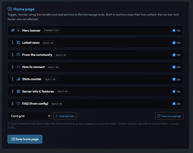 The homepage builder with toggleable, drag-reorderable sections