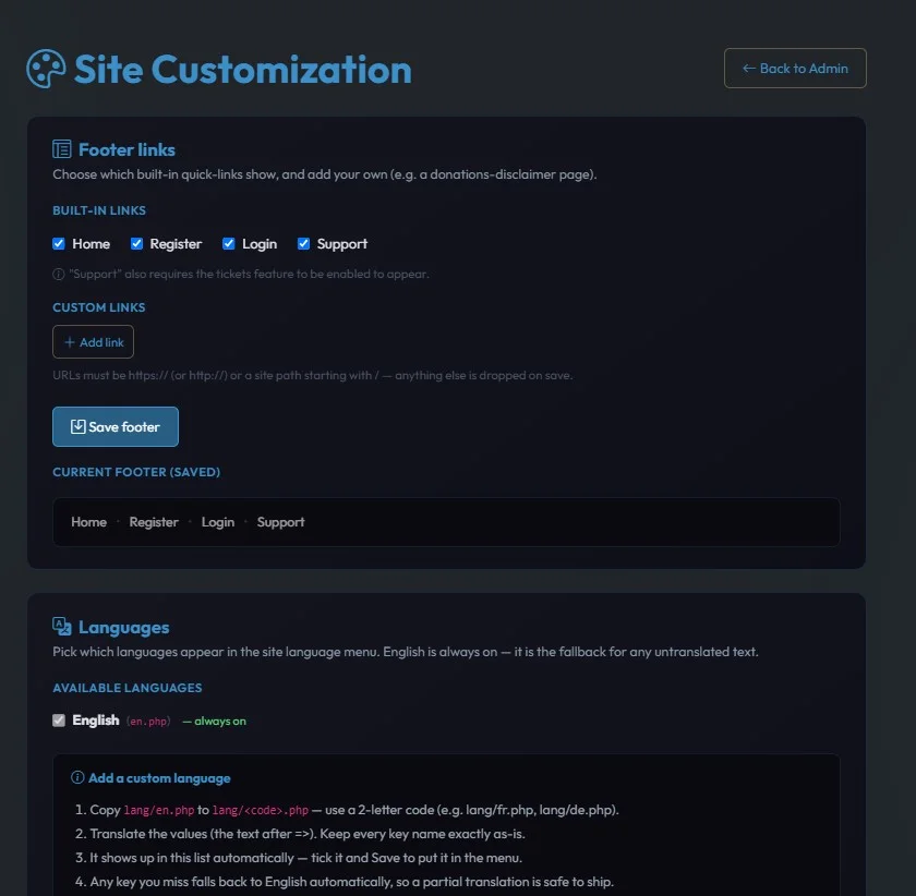 The footer links and languages customization page