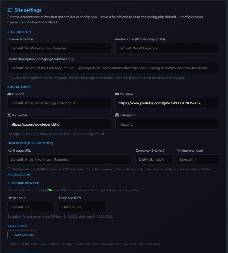 The site settings page with identity, social links and player rewards