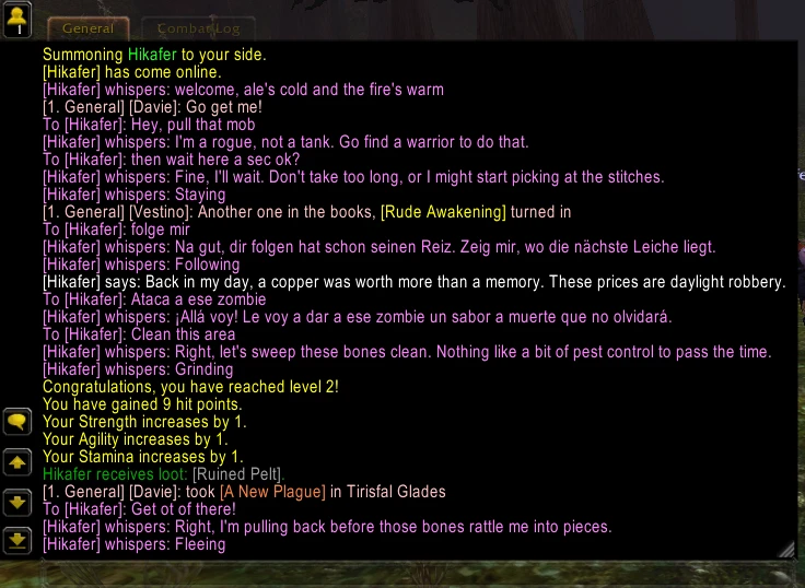 A chat log of bots obeying plain-language whispers in English, German and Spanish, and a rogue refusing to tank